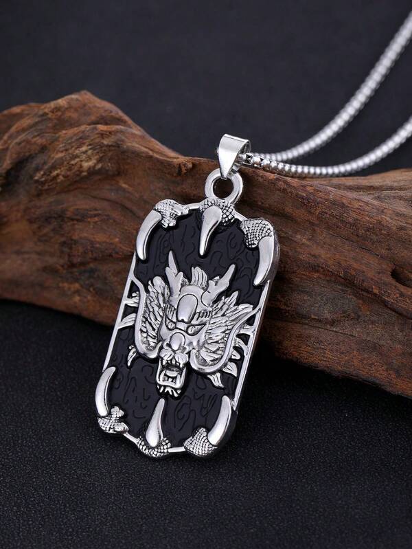 1 pieza Collar con colgante de estilo chino con diseño de dragón, collar con colgante cuadrado vintage, regalo para ti mismo