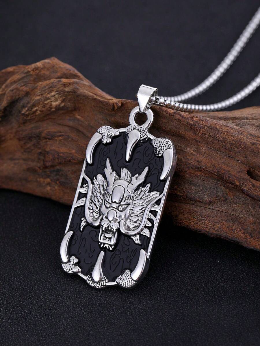 1 pieza Collar con colgante de estilo chino con diseño de dragón, collar con colgante cuadrado vintage, regalo para ti mismo