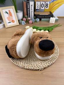 Chinelos de Algodão com Formato de Cachorro Fofo para Mulheres, Forro de Pelúcia Quente de Inverno, Sola Antiderrapante, Chinelos de Quarto