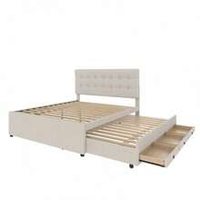 (=WX000502AAA) Upholstered Bed, 140x200cm, Double Bed, Family Bed, Double Bed With Three Drawers, Trundle Bed, Adjustable Headboard, Without Mattress, Beige - Beige - View 8