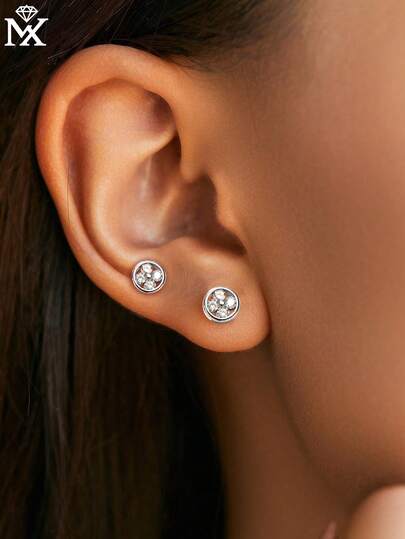 1 Pair 925 Sterling Silver Unique Floral Zirconia Geometric Threaded Stud Earrings, Gift For Family, Friends, Girlfriend, Suitable For Women's Daily, Party, Holiday Wear