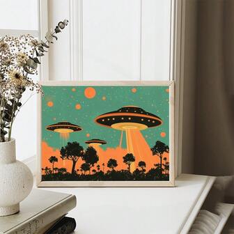 Impresión artística en lienzo de avistamiento de OVNI vintage de los años 50 - Decoración de pared de la era atómica de mitad de siglo moderno, sin marco, perfecta para la sala de estar y el dormitorio