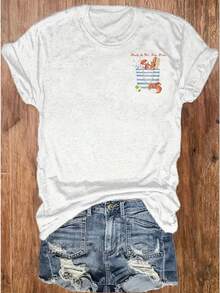 Mujer casual camiseta cute oversize estampado gráfico cangrejo bolso tipografía cuello redondo manga corta primavera verano uso diario T-shirt - Blanco - Ver 1