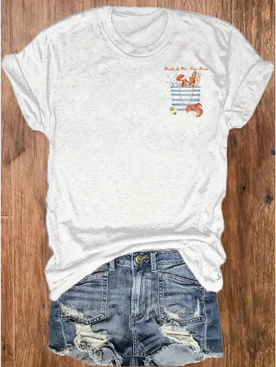 Mujer casual camiseta cute oversize estampado gráfico cangrejo bolso tipografía cuello redondo manga corta primavera verano uso diario T-shirt - Blanco - Ver 1