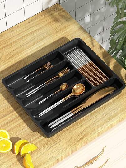 1 件餐具整理盒，银器收纳盒，厨房抽屉储物托盘，塑料 PP 材质，适用于厨房台面、橱柜抽屉储物、餐具、用具、筷子隔间整理器