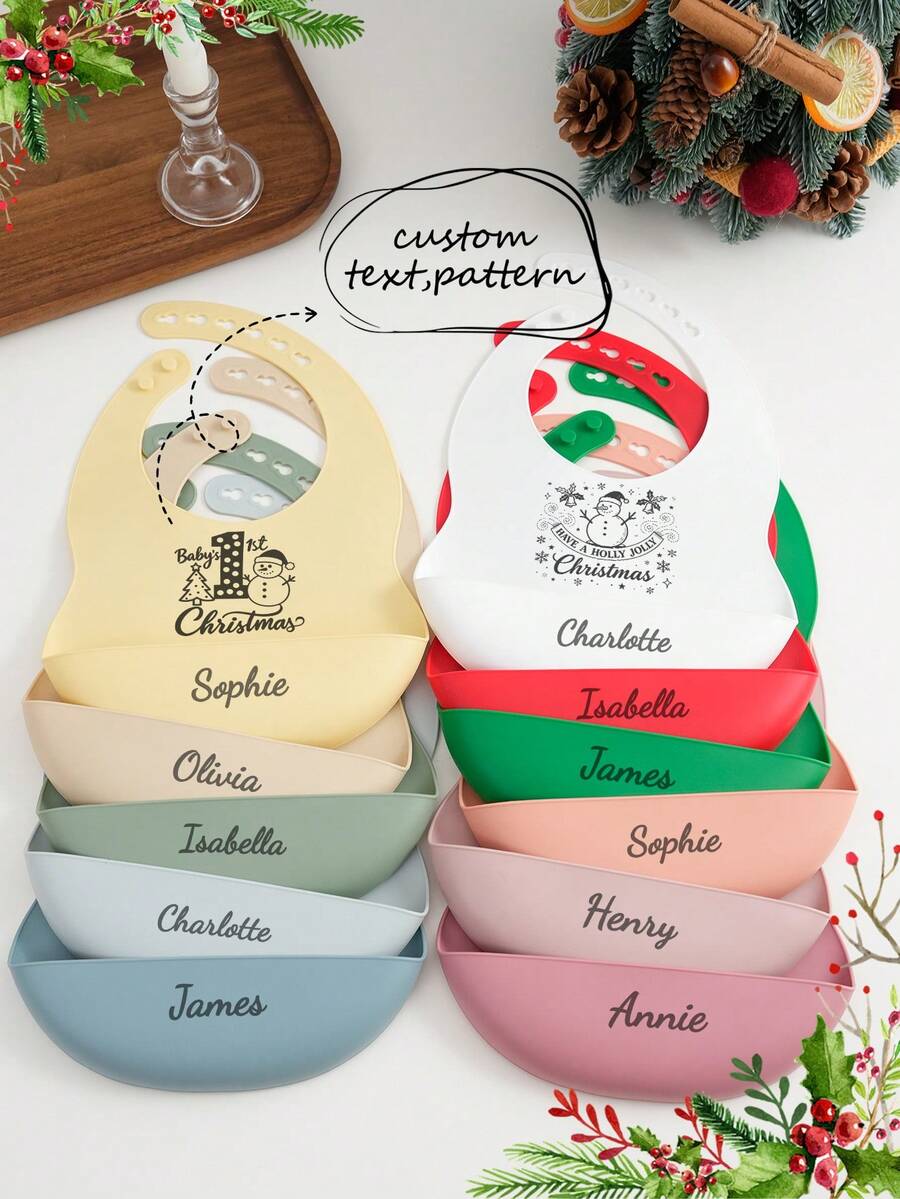 1pc Print On Demand Name Pattern Baby Silicone Bib Custom Baby Tableware Baby Adjustable Bibs Personalized Customization Baby Gifts