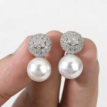 2 件高品质椭圆形珍珠耳钉铜镶嵌镀锆石甜美优雅耳环优雅百搭婚礼佩戴情人节礼物、妈妈、母亲、母亲节、礼物 - 輕奢高級感耳環 - 查看 12