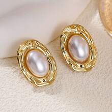 Pendientes de acero inoxidable de alta calidad, pendientes de flor de perla con lazo, no se destiñen, color dorado para mujeres