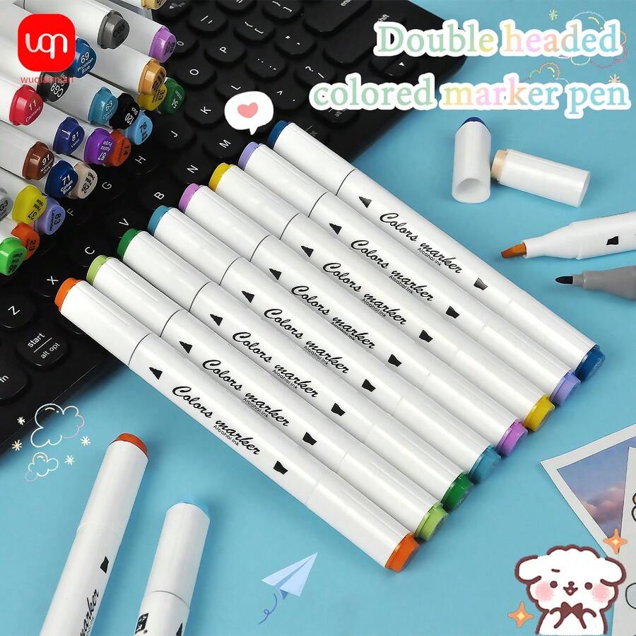 WUQIANNIAN 24 piezas Bolígrafo de marcado de colores con punta triangular de doble cabeza, escritura ultra fina, suave, para grafiti, dibujo a mano, marcado, útiles escolares, temporada de regreso a clases - Multicolor - Ver 1