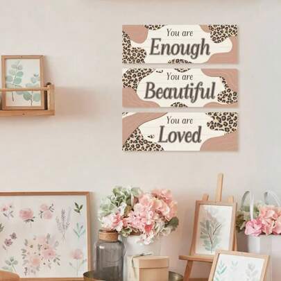 3 piezas de arte de pared de madera inspirador plano 2D - "Eres hermosa" y "Eres suficiente", decoración para el hogar, cafetería, dormitorio, regalo de 10"X4", madera de pino sin marco, texto negro y diseño de estampado de leopardo, decoración de pared para dormitorio, ideal para decoración de habitación