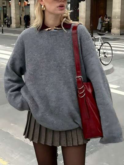 Suéter casual folgado de cor sólida cinza estilo universitário de manga comprida