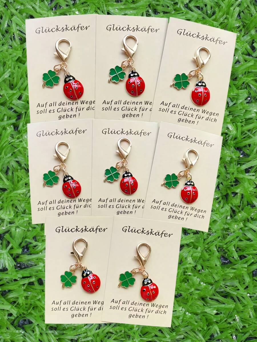 8pcs Lucky Ladybug & Four-Leaf Clover Keychain Decoration Set - Comes With Card - Brings Good Luck To Family And Friends - Perfect Gift For Birthday, Party, Graduation, Christmas, Thanksgiving, New Year