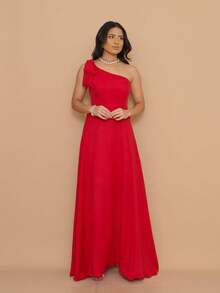 Helena Long Dress Luxury Plain Dune Linen With Bow One Shoulder - 紅色 - 查看 3