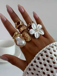 6 Stücke/Set Flüssige Lava Blumen Offener Ring Set, Barock Kunstperle Eingelegt (Für den täglichen Gebrauch von Frauen)