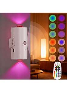 1个智能感应氛围壁灯，现代感十足，配备RGB渐变可调光LED灯，USB充电智能夜灯功能，内置感应器，上下照明，室内照明，适用于走廊、卧室、客厅、衣柜等场所 - 安装简便，附带USB充电线 - 幻彩 - 查看 2