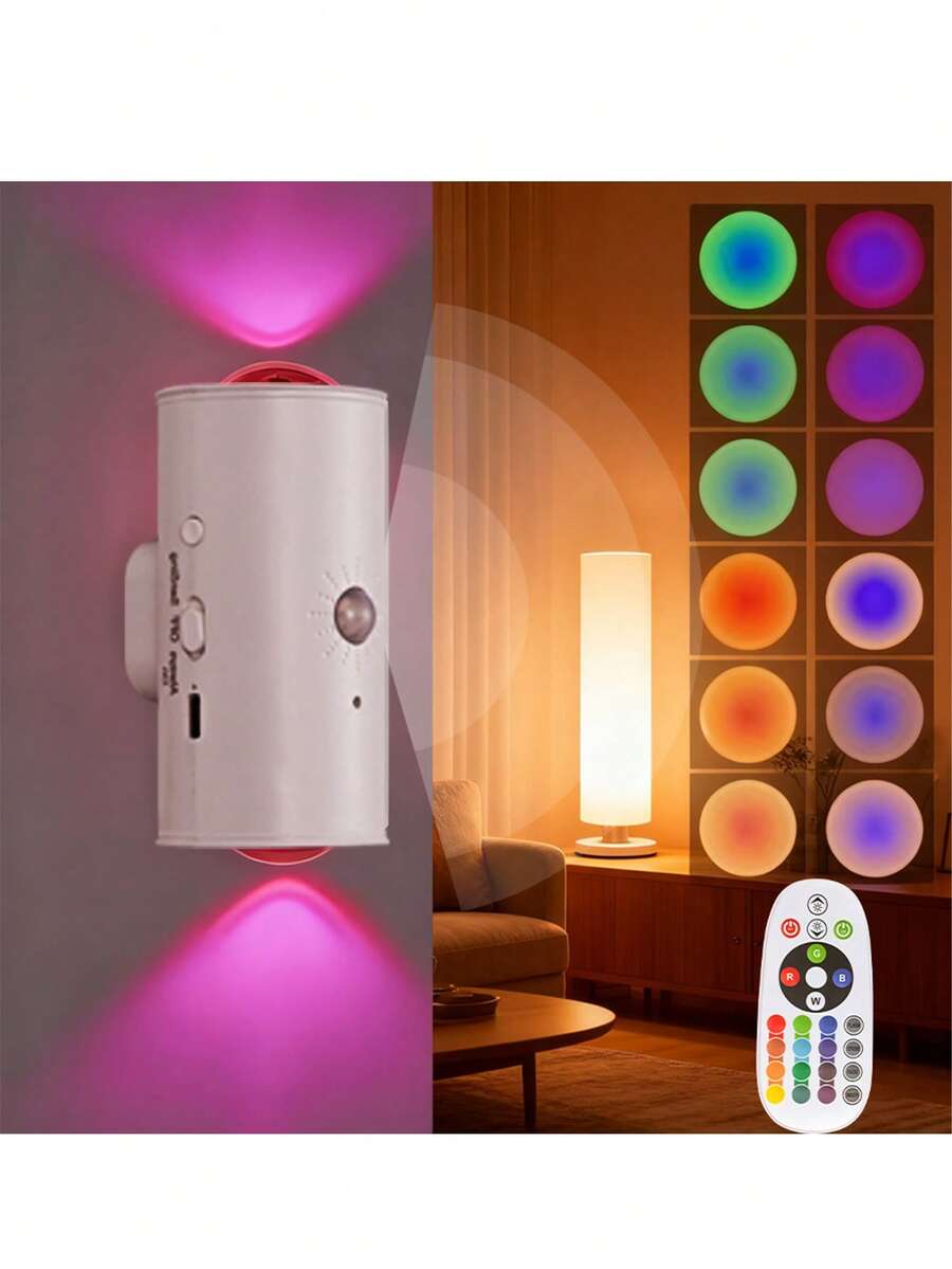 1个智能感应氛围壁灯，现代感十足，配备RGB渐变可调光LED灯，USB充电智能夜灯功能，内置感应器，上下照明，室内照明，适用于走廊、卧室、客厅、衣柜等场所 - 安装简便，附带USB充电线