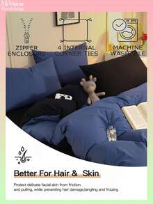 3件套海军蓝和黑色床上用品套装，1个羽绒被套和2个枕套，柔软舒适的家纺，柔软亲肤，多种颜色可选，适合男女宿舍，简约时尚的家居装饰，柔软舒适的卧室床上用品，时尚套装，可机洗，无填充物 - 藍色 - 查看 2