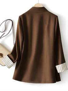 Blazer de manga larga con un solo botón, contraste de color y rayas en los puños para mujer de talla grande, para uso casual o laboral - Marrón Chocolate - Ver 2