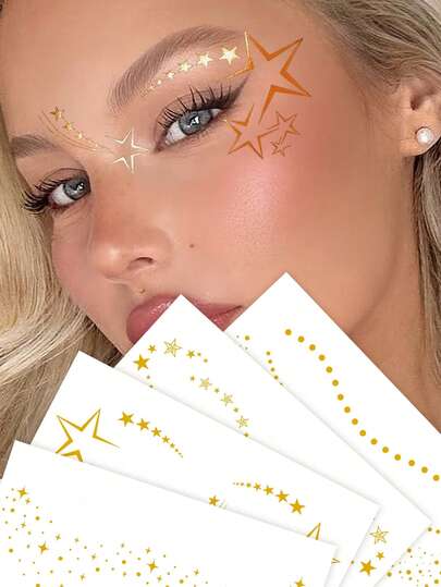 金色闪光面部宝石贴纸，金箔蝴蝶爱心星星月亮雀斑图案，Y2K临时假纹身，DIY狂欢节、音乐节、情人节、派对节日礼物，适用于手指、耳朵、肩膀、脖子、锁骨、身体小面积皮肤