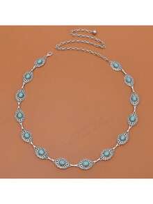 复古银色金属腰带，镶嵌红色玛瑙石，镌刻复古图案，适合搭配女士连衣裙，采用复古链条设计。适合秋季和万圣节主题场合。 - 銀色 - 查看 4