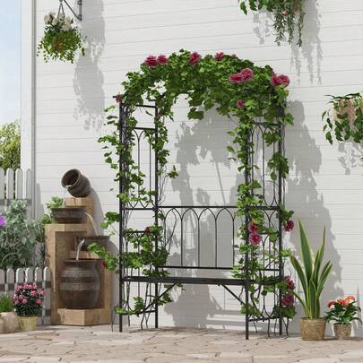 Outsunny 80" Tall Fairy Garden Arbor Arch With Bench Metal Outdoor Plant Climbing Support Trellis With 2 Seater Bench For Rose Vines Black