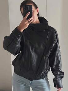 女士PU皮夹克，拉链闭合，长袖，飞行员夹克，秋冬外套 - 黑色 - 查看 9