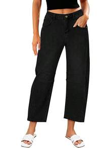 LookbookStore High Waisted Wide Leg Baggy Barrel Jeans Denim Jean Pantshalloween - 純黑色 - 查看 12