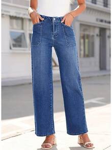High Waisted Straight Leg Jeans Wide Leg Jeans Denim Pantshalloween - 發藍 - 查看 5