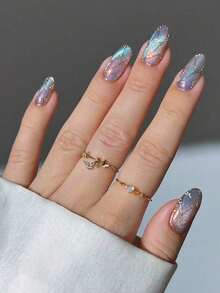 24Pcs Y2K Style Nails Medium Almond Cat Eye Press On Nails Gorgeous Colorful French Glossy Full Cover Fake Nail Graceful Butterfly False Nails For Women And Girls - Includes Nail File & Jelly Adhesive Nail Supplies Nails - Nhiều màu - Xem 2