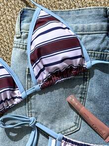 性感复古条纹比基尼套装 - 蓝色滚边三角上衣和高腰可调节泳裤 | 女士沙滩度假泳装 - 彩色 - 查看 5