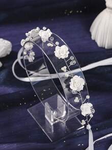 1pc Bridal Wedding Headpiece With Pearl Decor Flower Hairband Brides Stylish Hair Accessory For Wedding And Special Occasions - White - View 8