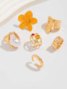 6 Stücke/Set Flüssige Lava Blumen Offener Ring Set, Barock Kunstperle Eingelegt (Für den täglichen Gebrauch von Frauen)