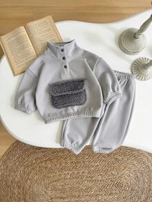 2件套男婴保暖加厚长袖圆领卫衣长裤套装，适合秋冬季穿着 - 深灰色 - 查看 4