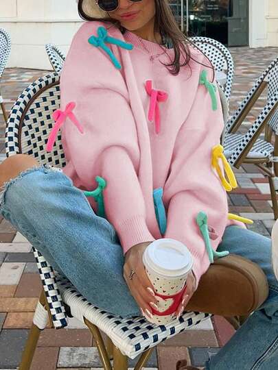 Colorful Bow 3D Decor Oversized Dropped Shoulder Round Neck Long Sleeve Knit Pullover, Casual & Cute Women's Autumn/Winter Clothing, Fashionable & Versatile, Suitable For Valentine's Day/Christmas
