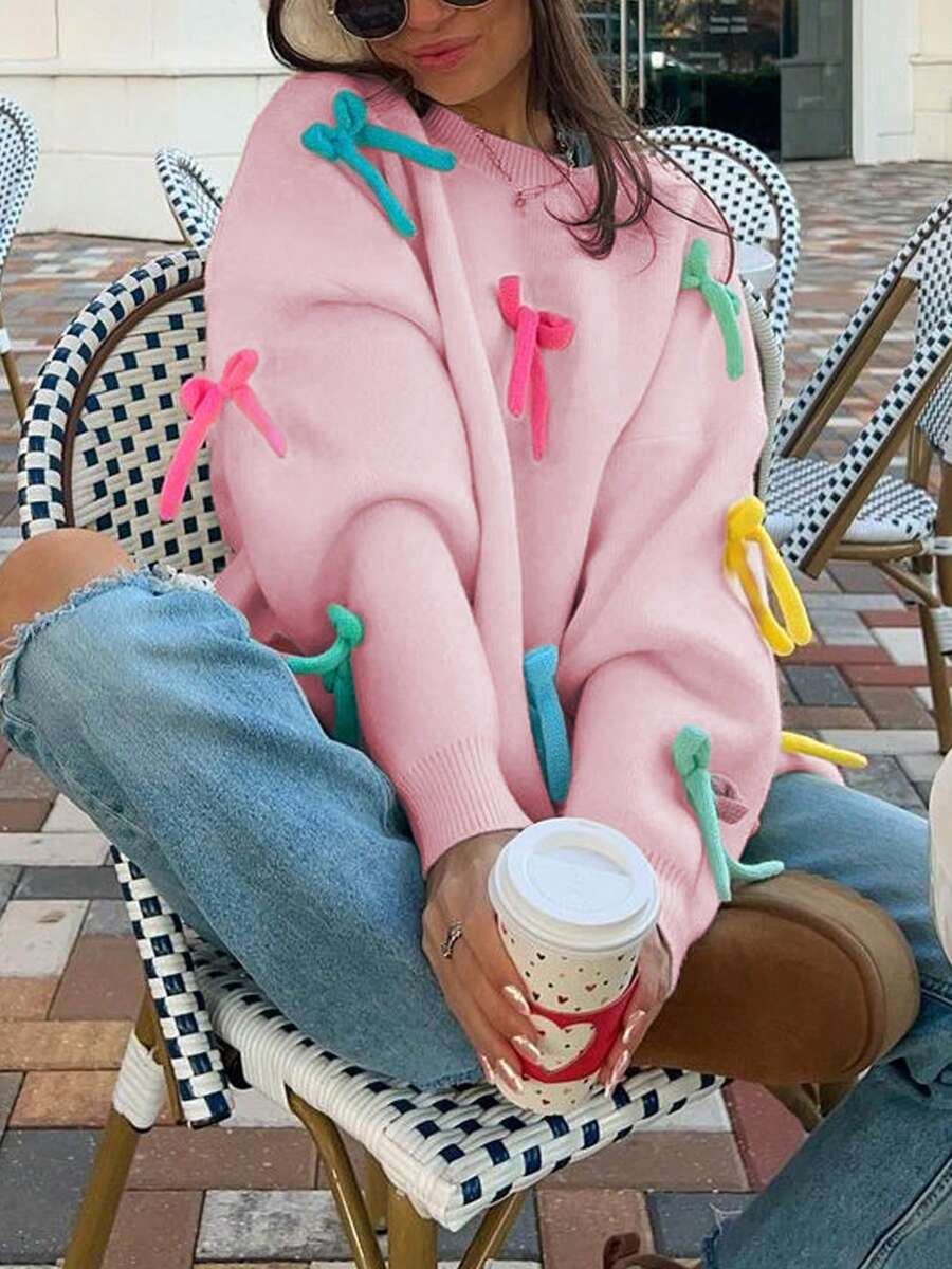 彩色蝴蝶结3D装饰宽松落肩圆领长袖针织套头衫，休闲可爱，适合秋冬季节穿着，时尚百搭，适合情人节/圣诞节粉色假期 - 粉色 - 查看 1