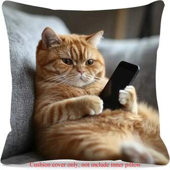 1 件懒惰肥猫和智能手机图案 | 可机洗，100% 涤纶纤维，拉链开合，适用于汽车、农舍、卧室、客厅沙发（无枕芯）