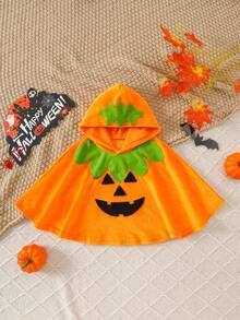 Jubah Hoodie untuk Anak Perempuan dengan Bordir Wajah Tersenyum Lucu, Imut & Menarik, Perlengkapan Penting untuk Halloween Bayi - Jeruk - View 1
