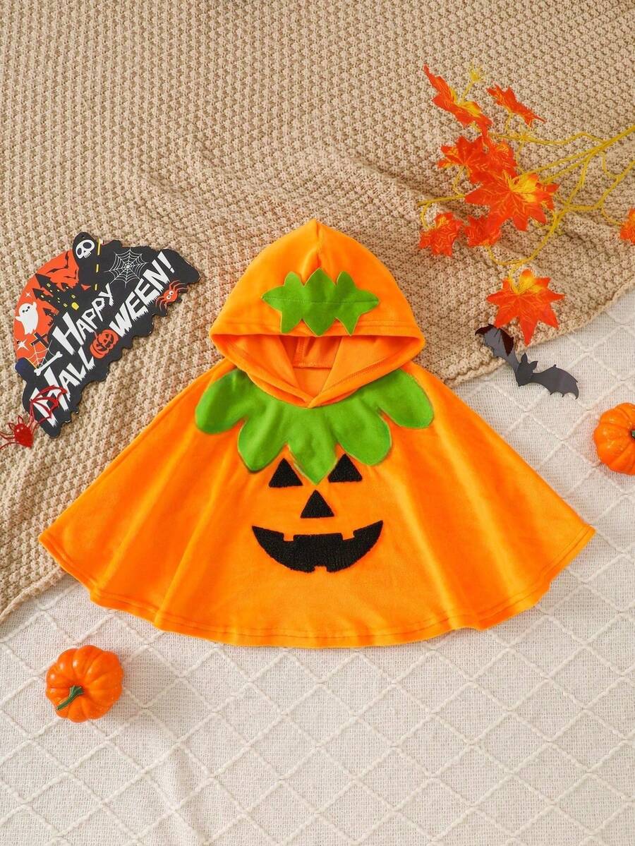 Jubah Hoodie untuk Anak Perempuan dengan Bordir Wajah Tersenyum Lucu, Imut & Menarik, Perlengkapan Penting untuk Halloween Bayi - Jeruk - View 1