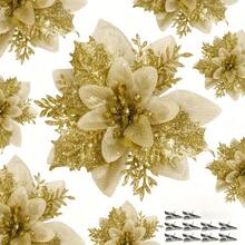 20pcs Glitter Poinsettia Artificial Christmas Flowers With Clips - Sparkling Blue & Pink Floral Garland Ornaments For Holiday Tree Decor, Wedding, And Party Decorations, Christmas Decorations - 10flower+10Clips - View 12