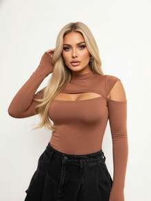 Bori Women's Bodysuit Long Sleeve Cutout Bust Hollow Out Sleeve High Neck Chic Timeless Leotard Second Skin - 鏽棕色 - 查看 2