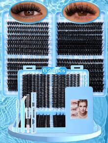 Kit extensii gene DIY 640 buc, kit gene cluster, kit gene DIY 10D-100D D Curl, cu lipire și sigilare gene, pensetă, perie pentru gene, carte de gene cu autoaplicare acasă (4 stiluri mixte), călătorie de Crăciun