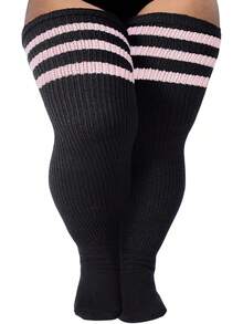 Plus Size Thigh High Socks- Long Womens Knitted Over Knee High Leg Warmer - Đen - Hồng nhạt Sọc - Xem 9