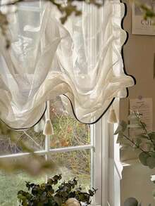 1 件法式复古风格奶油色薄纱窗帘，日式升降系带厨房隔断帘，装饰性半帘 - 彩色 - 查看 6