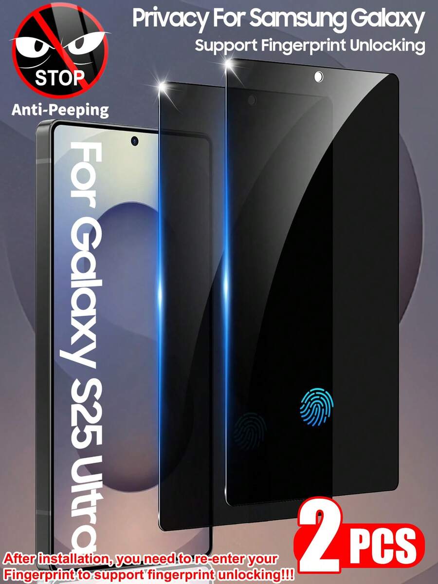 ZYONS 2 pièces Protecteur d'écran de confidentialité compatible avec la série Galaxy S, prend en charge le déverrouillage d'empreinte digitale 0,2 s, compatible avec Samsung Galaxy S25 Ultra/S25+/S25/S24 Ultra/24 Plus/24/23/22/21, verre trempé anti-espionnage 25°, couverture complète, anti-traces de doigts, anti-chute, anti-rayures, sans bulles, excellent cadeau pour l'anniversaire, la famille, les amis, protecteur d'écran de téléphone, accessoires de téléphone - 2 pièces - Voir 1