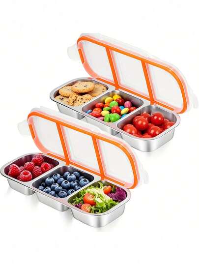带盖不锈钢零食盒，可重复使用的 3/2 隔间食品储存盒，适用于野餐、午餐盒、学校和旅行 - 适合成人和外出用餐