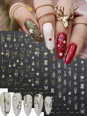 4/8pcs Christmas Elements Cartoon Christmas Tree, Reindeer, Snowflake, Star Metallic Nail Stickers