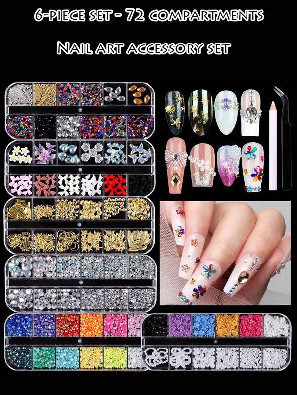 6pcs/Set - 72pcs Nail Art Decorations, Nail Rhinestones, DIY Manicure, Face Stickers, Hair Accessories, Decorative Accessories