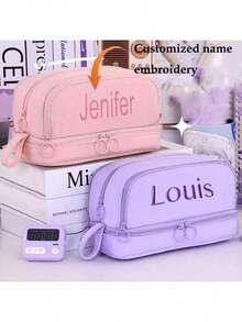 1 geantă de machiaj personalizată, brodată, cu capacitate mare, cu 4 straturi, pentru papetărie, unisex, potrivită pentru diverse ocazii, toate anotimpurile