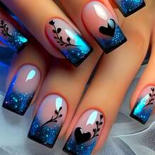 Sweet And Cool High-End Design Floral Heart-Shaped Gradient Blue Edge Decoration - Blue And Nude Splicing Oval Short False Nails - 甜美清涼的指尖 - 查看 1