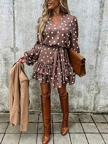 Đầm Fashion Me Xuân/Hè thanh lịch chấm bi nhiều tầng dáng chữ A tay bồng cổ chữ V ôm sát có thắt lưng, chất liệu pha polyester, màu cà phê, thích hợp cho mặc thường ngày, đi làm, hẹn hò, xuân/hè/thu, ngày lễ tình nhân và kỳ nghỉ. - Cà phê - Xem 3